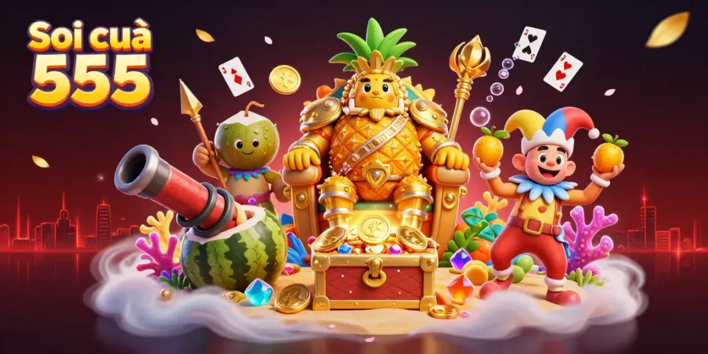 Soi cầu 555 showcases a vibrant beach casino scene with a charming pineapple king and lively beach elements, highlighting the excitement of lottery gaming.