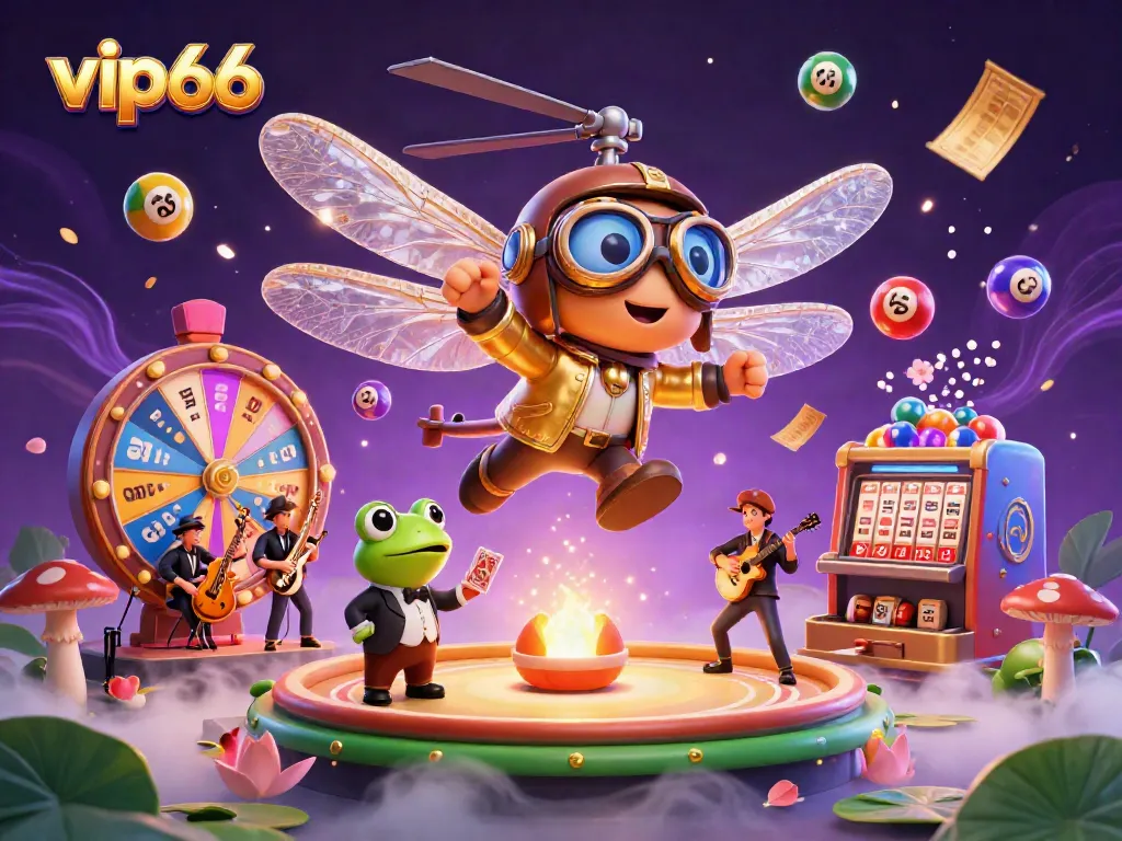 Engage in a vibrant vip66 casino scene with a dragonfly pilot, frog dealer, and lively musicians.