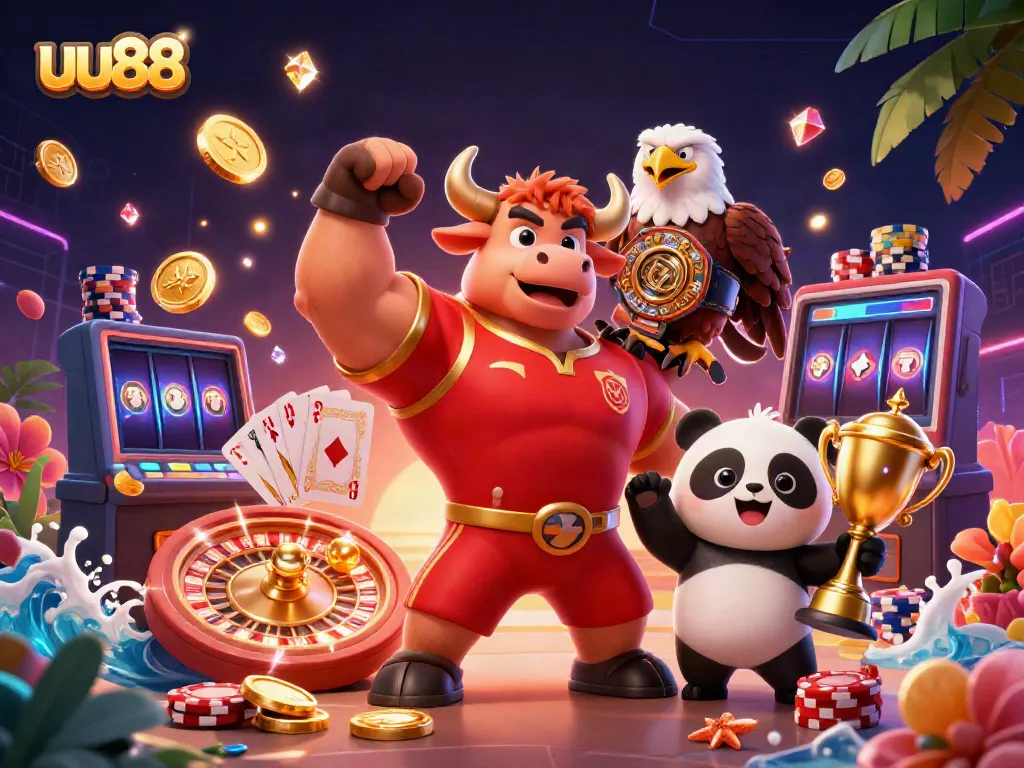 uu88 celebrates gaming with a bull mascot, eagle champion, and panda trophy, dynamic gambling scene.
