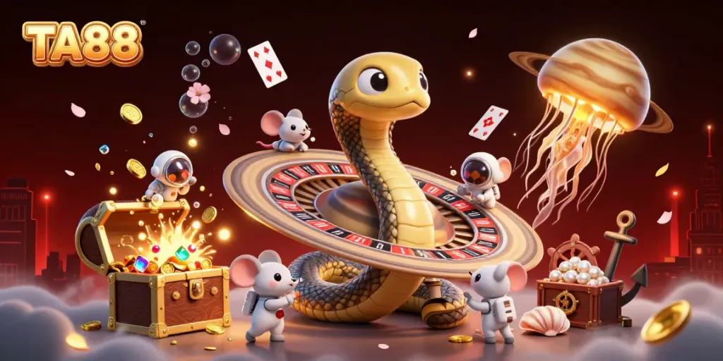 Bet on TA88 with cartoon characters engaging in cosmic casino activities.