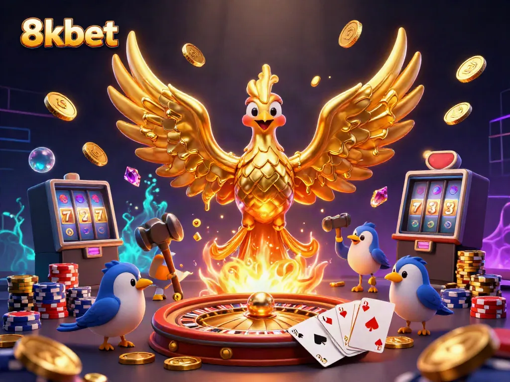 Win exciting rewards with 8kbet's lavish golden phoenix and vibrant casino elements in a dazzling illustration.