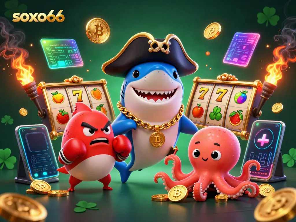 Engage with soxo66's thrilling casino adventures featuring a pirate shark, pufferfish, and octopus with gold coins.
