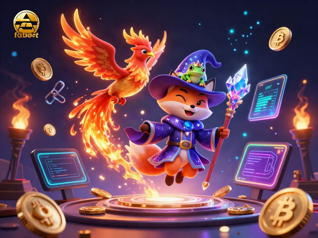 Engage with fabet through a lively casino scene featuring a wizard fox, phoenix, and dazzling cryptocurrency elements.