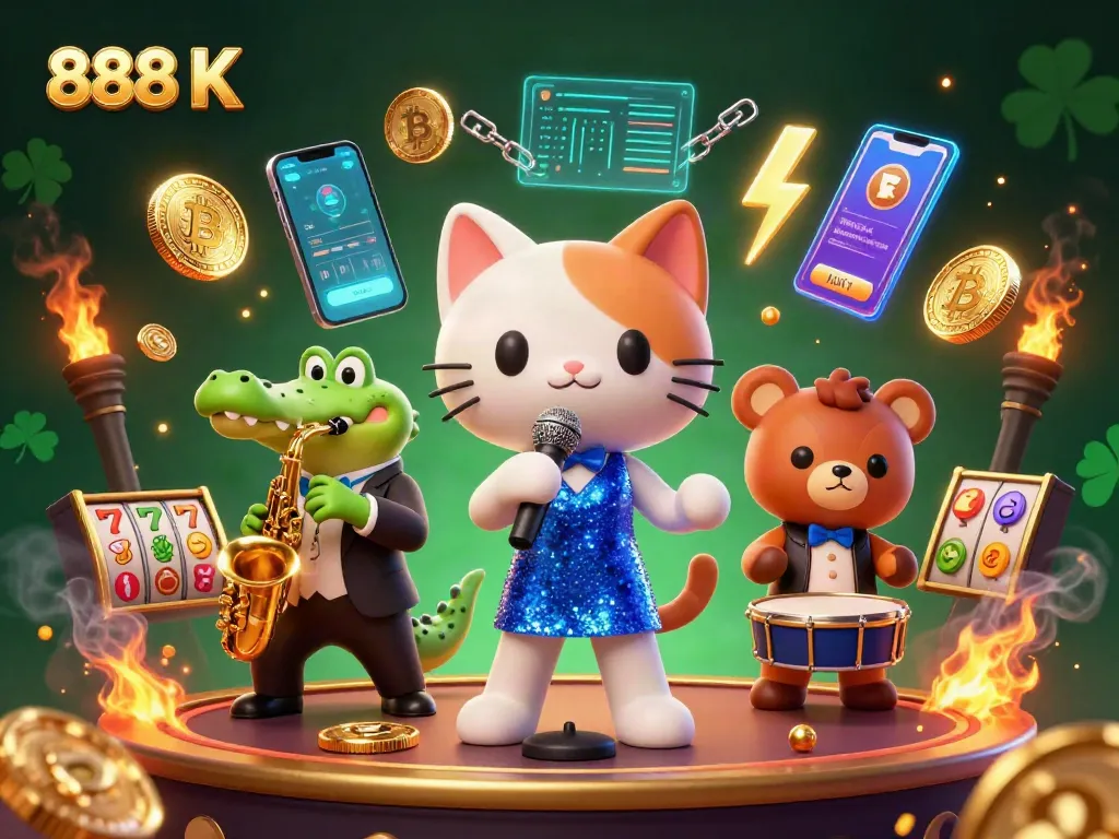 Experience endless fun at 888 K with a vibrant casino scene featuring cartoon characters and crypto elements.