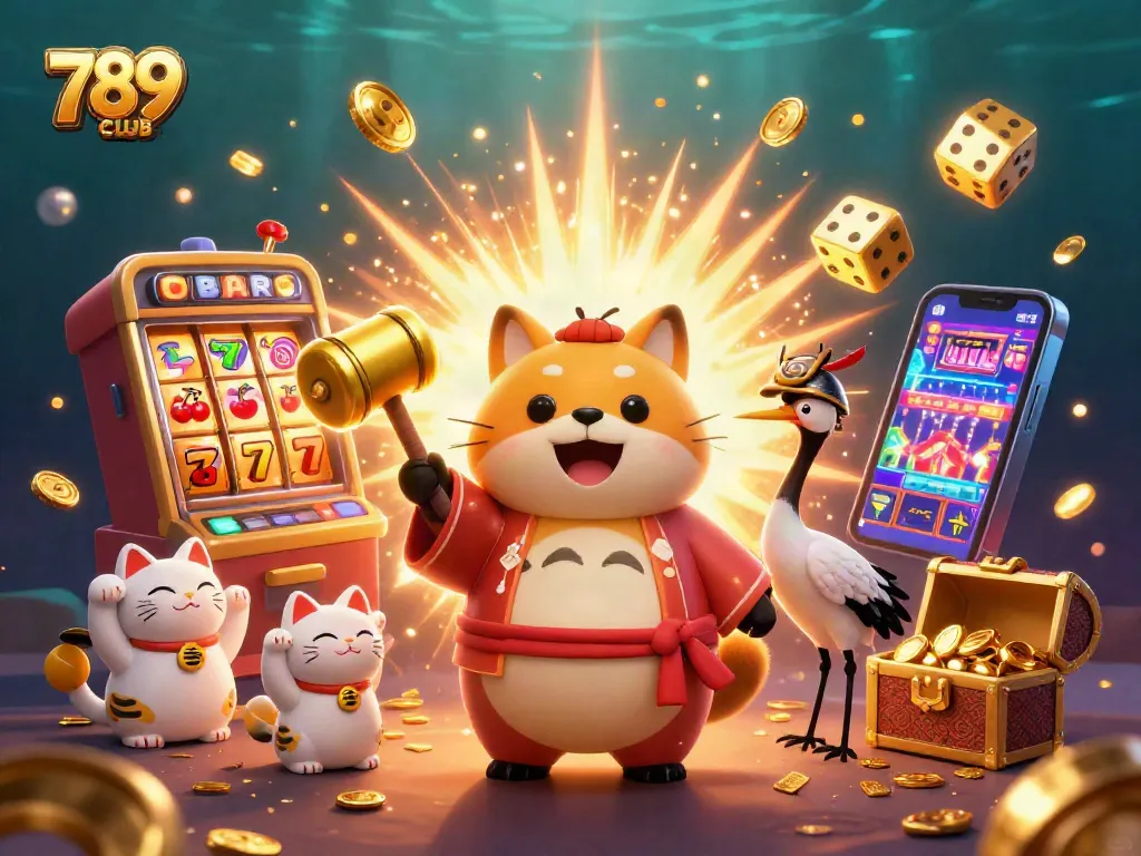 Experience winning at 789CLUB with a joyful tanuki and vibrant casino elements.
