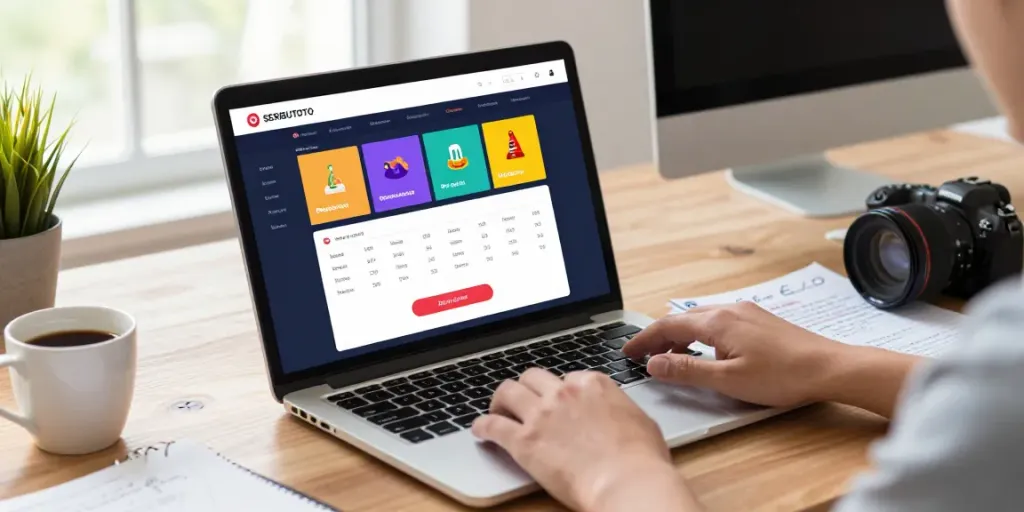 Engaged user exploring the SERIBUTOTO platform on laptop and smartphone, showcasing lottery options.