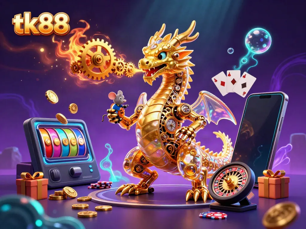 Engage with tk88's vibrant casino adventures through 3D dragon gaming illustrations.