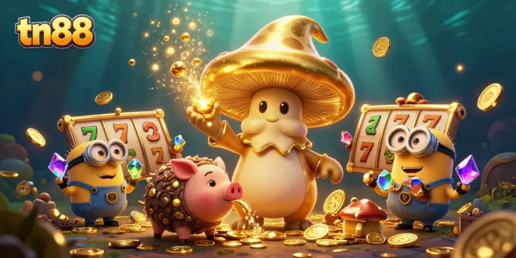 Experience the magic of TN88 as a golden mushroom wizard transforms slots into gold, accompanied by whimsical creatures.