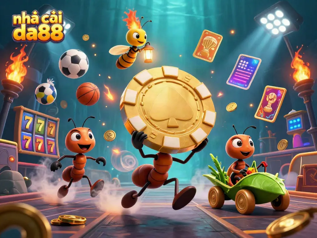 Experience the vibrant world of nhà cái da88 with ants on a heist, dynamic sports elements, and gold.