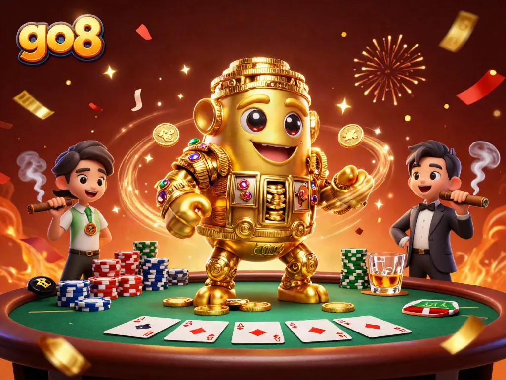 Experience exciting gameplay with go8's golden golem amidst poker tables and sparkling confetti.