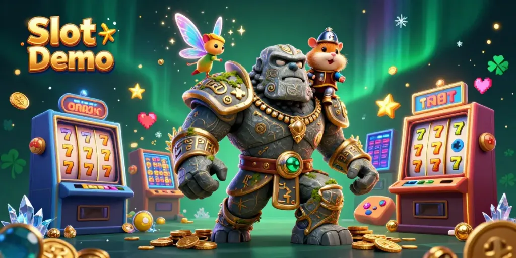 Engage with Slot Demo through a magical illustration of a golem guardian, fairy, and hamster knight in a vibrant casino scene.