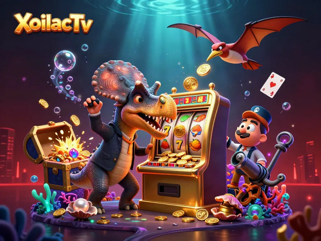 XoilacTv animation scene with a dinosaur winning at a slot machine, showcasing vibrant casino elements.