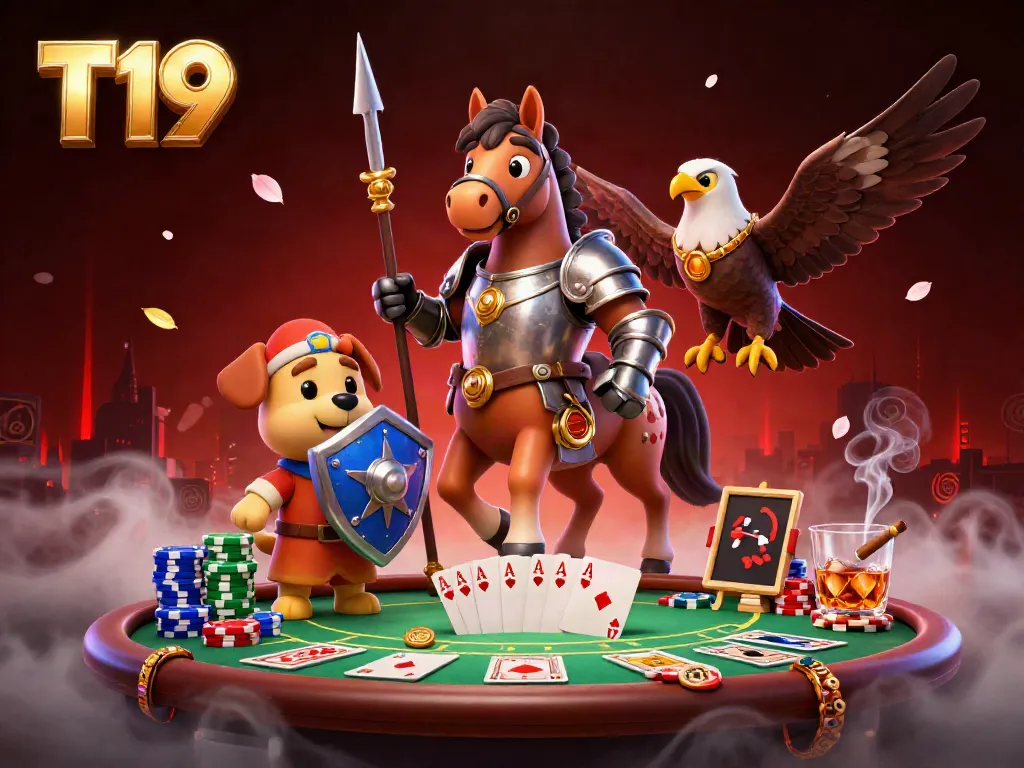 T19 casino scene featuring a knight, puppy, and falcon at a poker table, showcasing vibrant gambling elements.