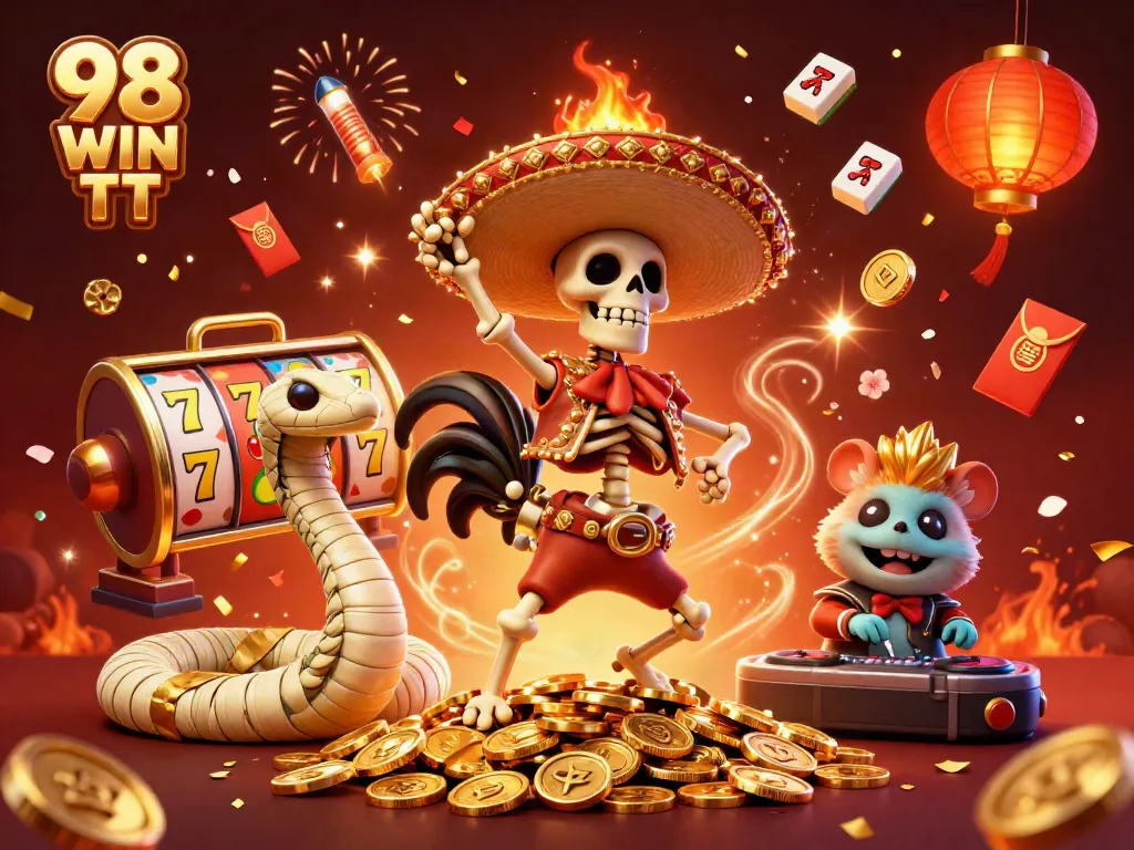 Engage with the festive 98 WIN TT scene featuring a victorious skeleton rooster and casino elements.