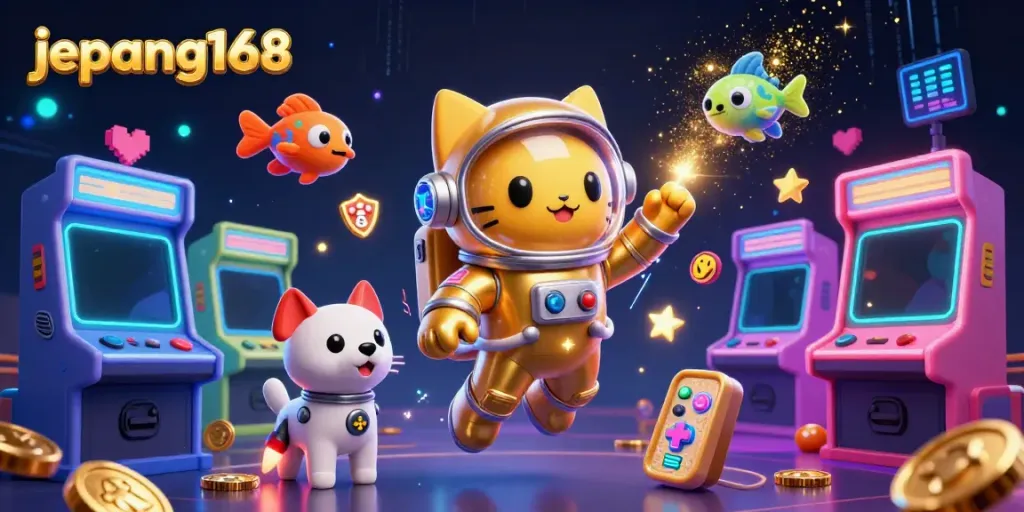 Experience thrilling gaming with jepang168, showcasing space-themed arcade fun and casino elements.