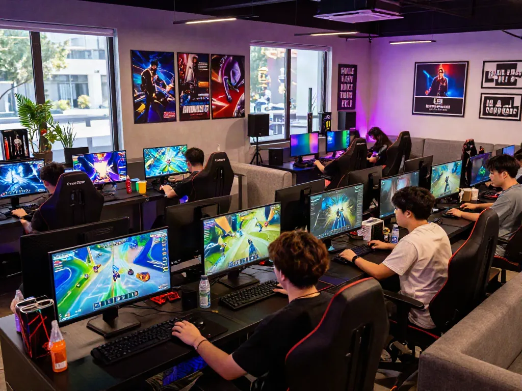 Engaging gaming community scene showcasing warung168 esports hub with gamers immersed in competition.