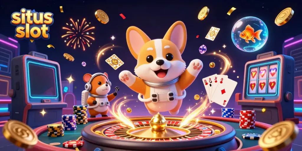 Bermain situs slot dengan tema luar angkasa, karakter komik memberikan instruksi sambil mengapung di kasino.