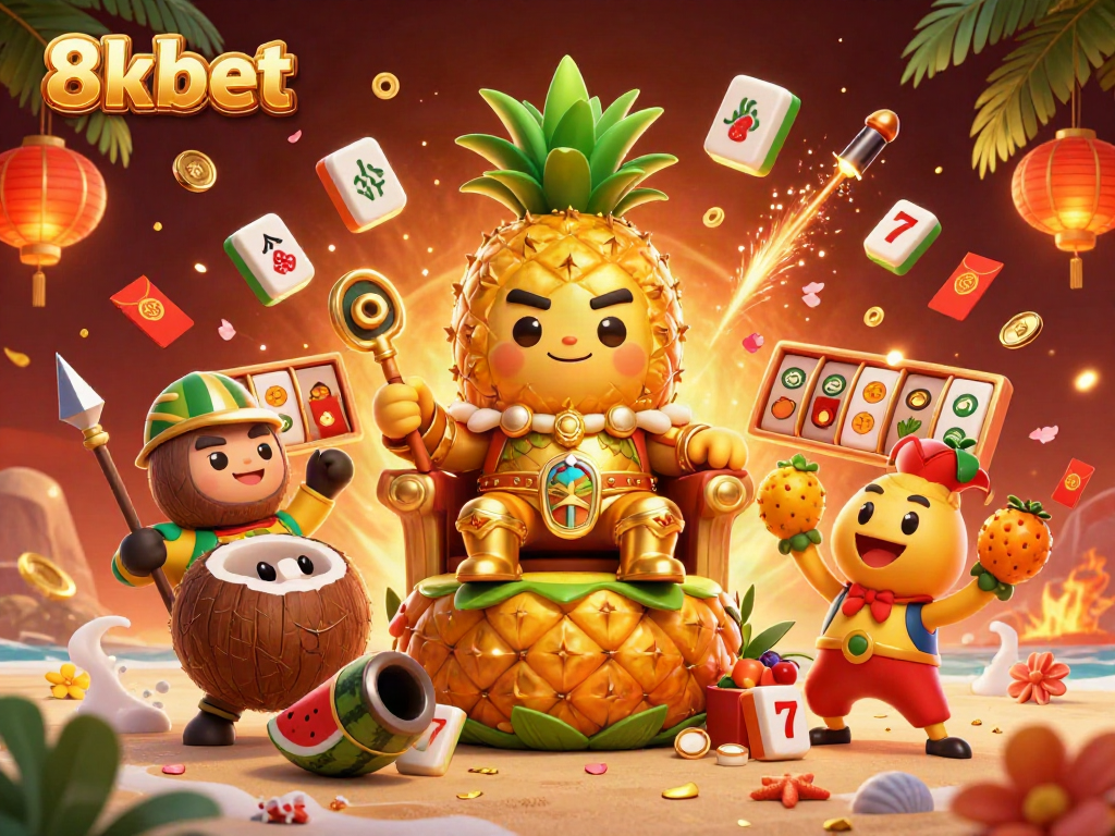 Experience the vibrant world of 8xbet with a golden pineapple king and dynamic casino elements.