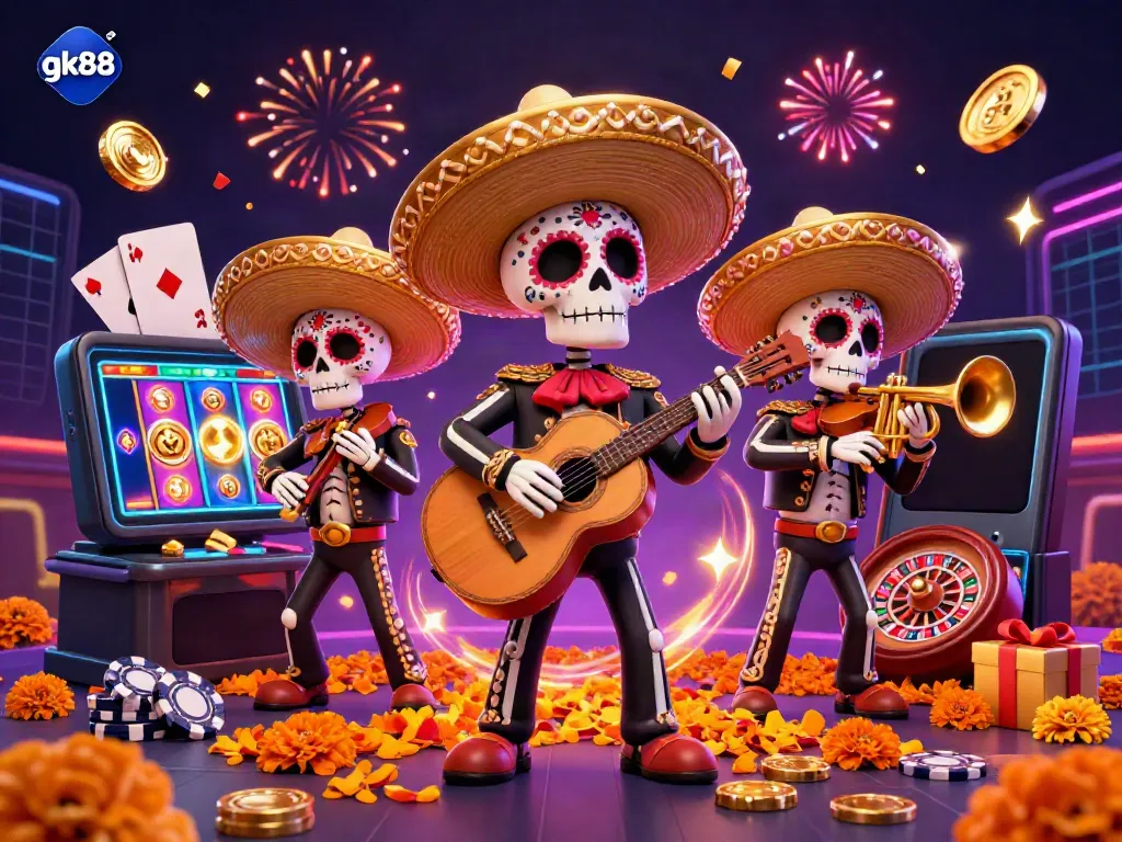 Experience the excitement of gk88 with vibrant casino illustrations featuring a mariachi band and slot games.