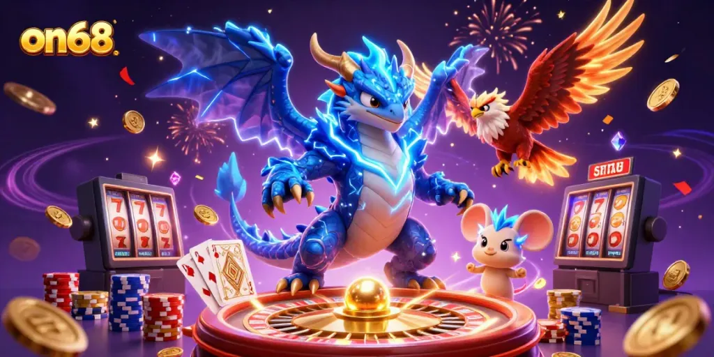 Experience rich gaming adventures with ON68's dynamic casino scene featuring a thunder dragon and vibrant gaming elements.