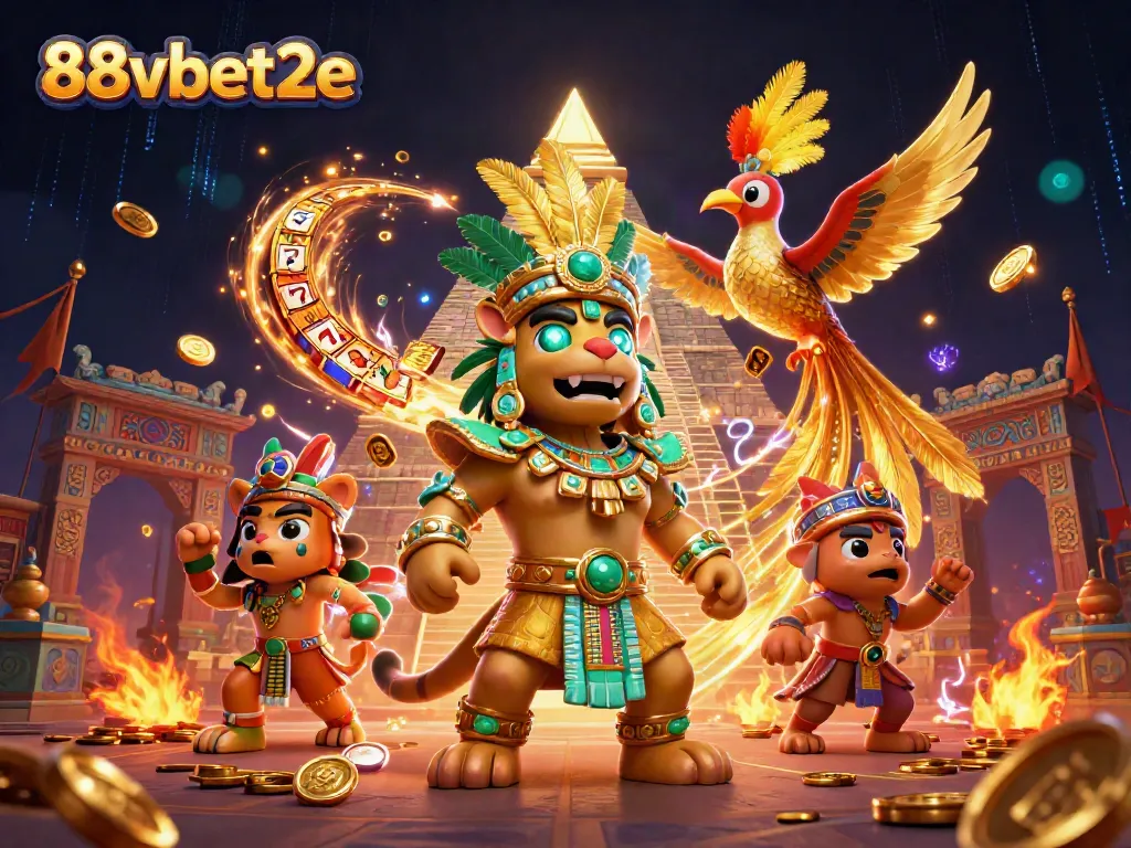 Experience big wins with 88vbet2e in an electrifying casino atmosphere featuring vibrant Mayan elements.