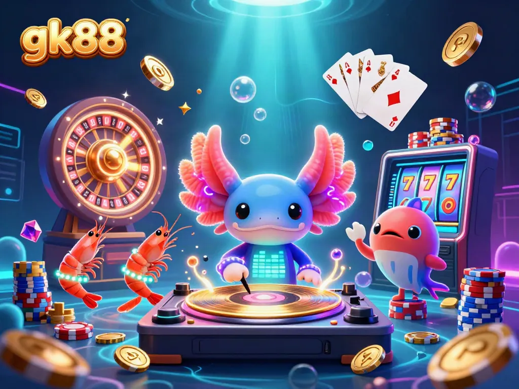 gk88's vibrant underwater casino scene features DJ axolotl, shrimp dancers, and glowing gems