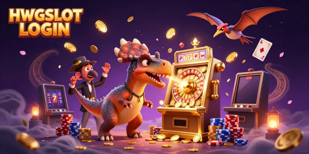 Engage with HWGSLOT LOGIN as a pachycephalosaurus wins jackpots in a vibrant casino scene.