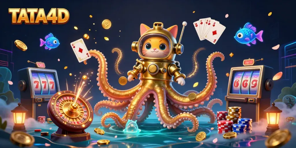 Engage in live betting excitement with TATA4D in a vibrant, treasure-filled casino scene.