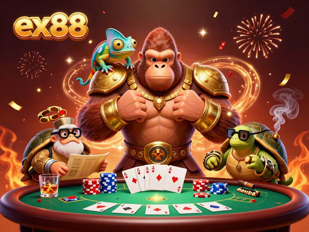 Engage with ex88's thrilling poker scene featuring a gorilla king, chameleon, and wise tortoise amid colorful chips and cards.