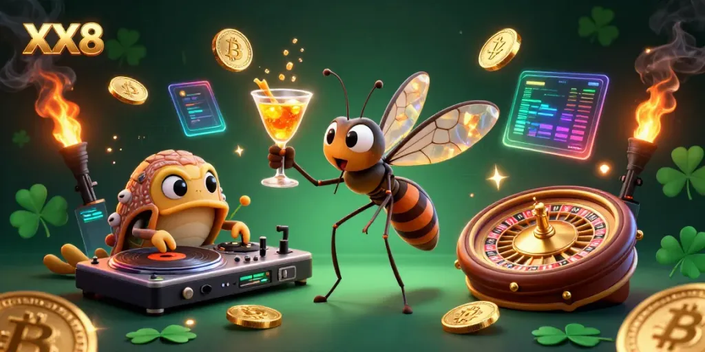 Engage with XX8 in a vibrant casino scene featuring a frozen mosquito mascot, trilobite DJ, and golden roulette wheel.